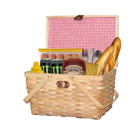 Vintiquewise Gingham Lined Woodchip Picnic Basket With Lid and Movable Handles QI003624